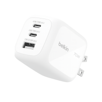 BELKIN Caricatore da Parete GaN 3 Porte 70W Con Adattatori da Viaggio (Bianco)